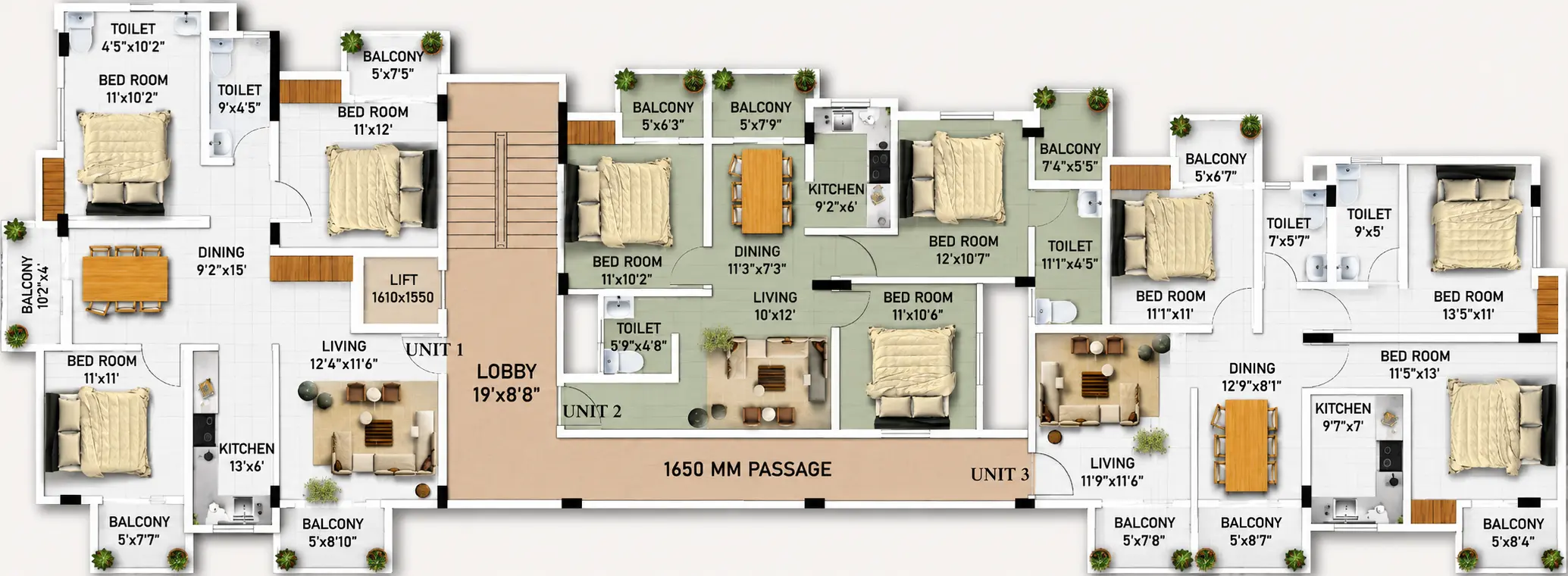 Typical 1st to 3rd floor plan showing Units 1, 2, and 3