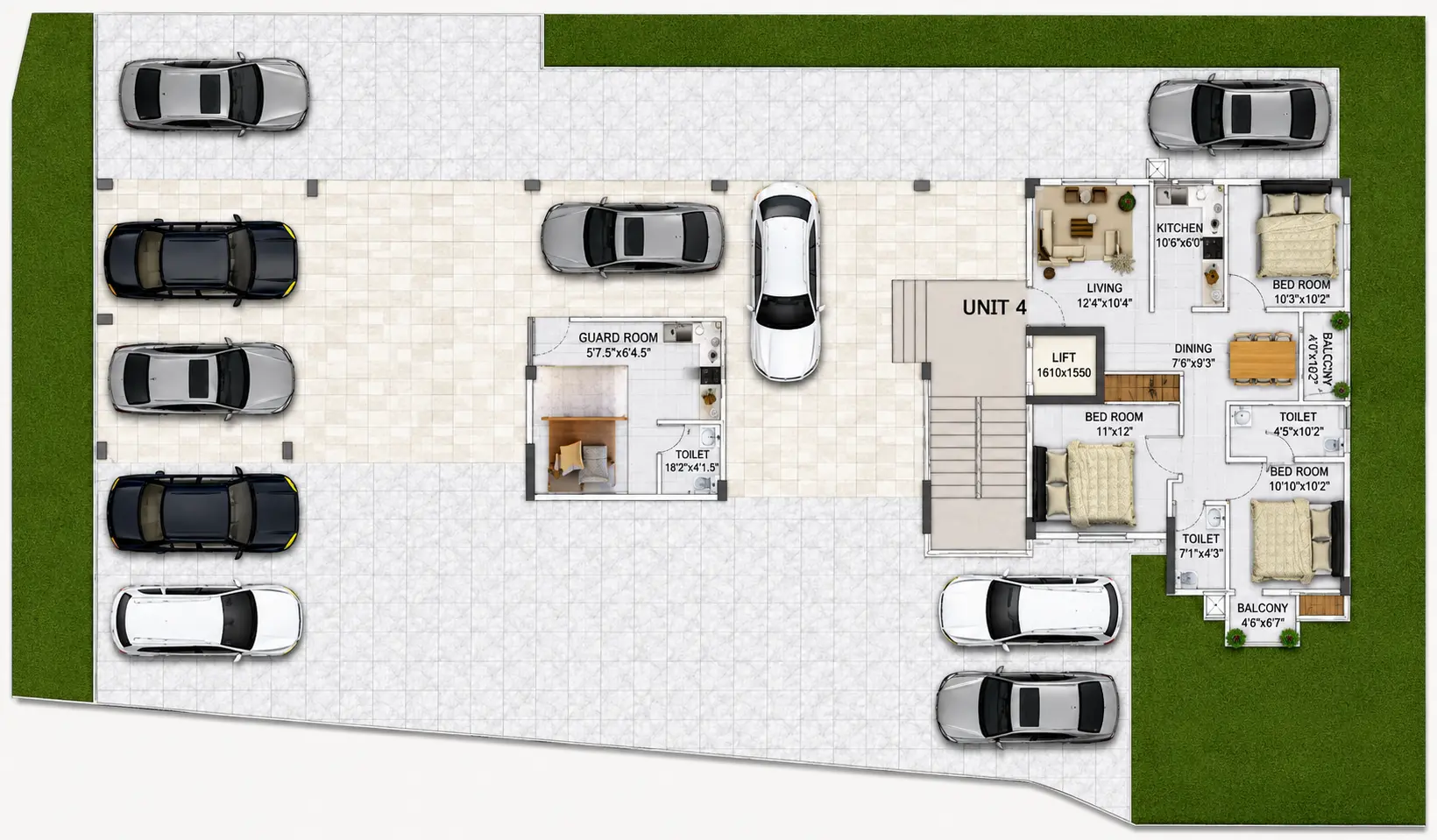 Ground floor plan with parking and Unit 4