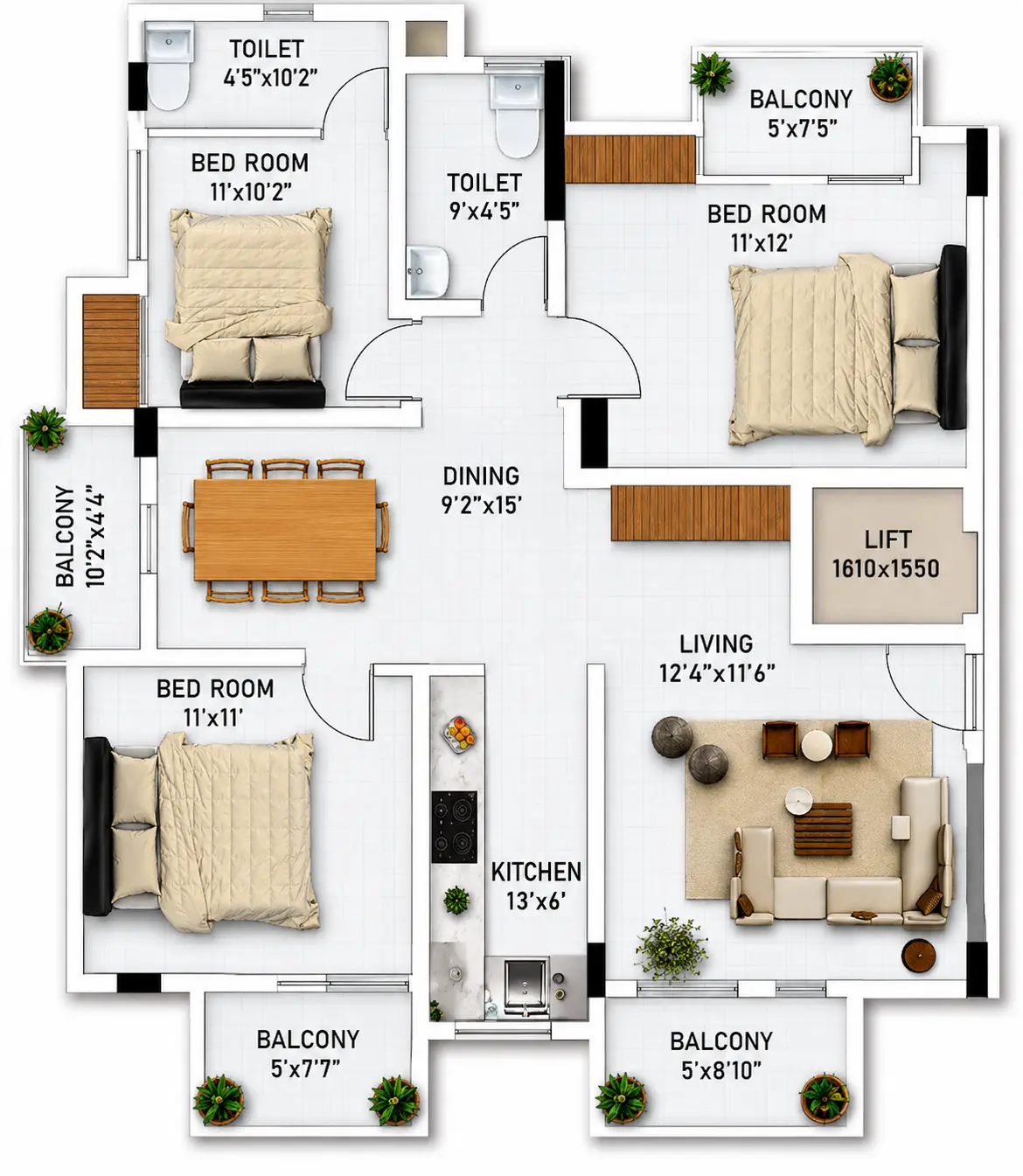 Unit 1 — 3BHK floor plan