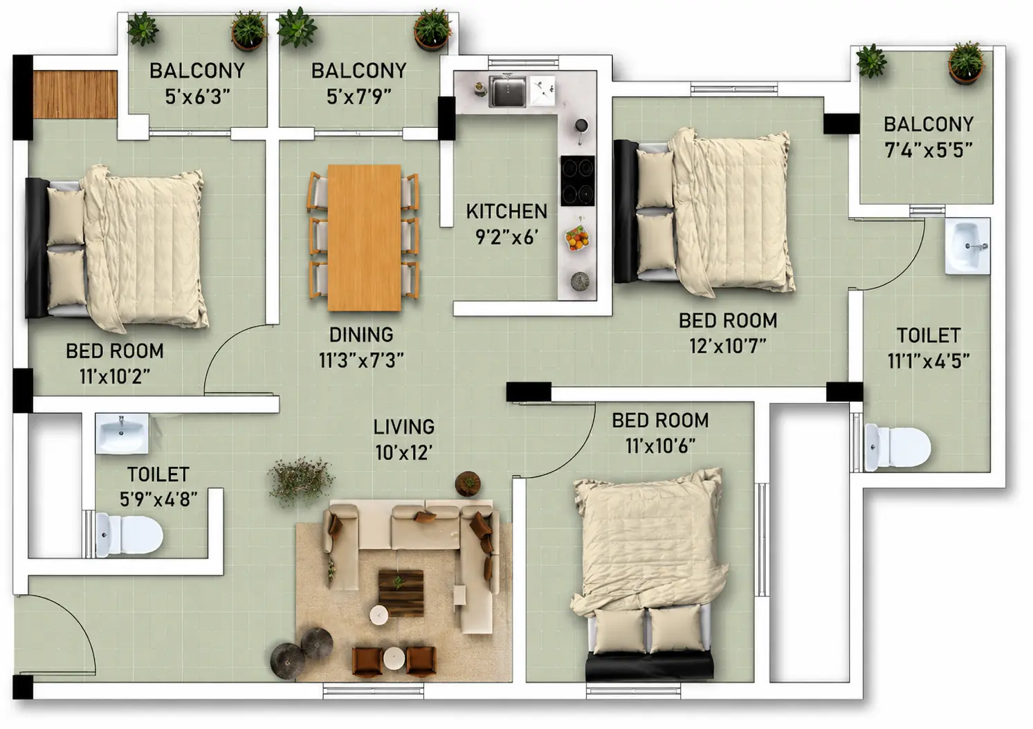 Unit 2 — 3BHK floor plan