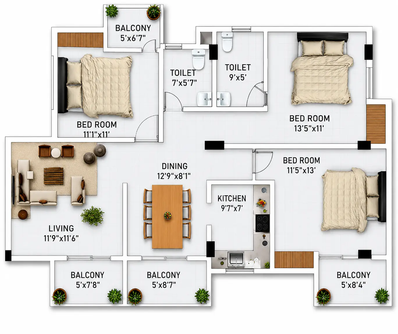 Unit 3 — 3BHK floor plan